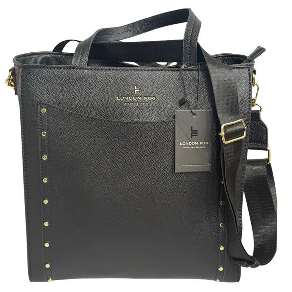 London Fog Sophia Studded Black Tote Bag NWT Faux Leather Gold Hardware - Picture 2 of 14
